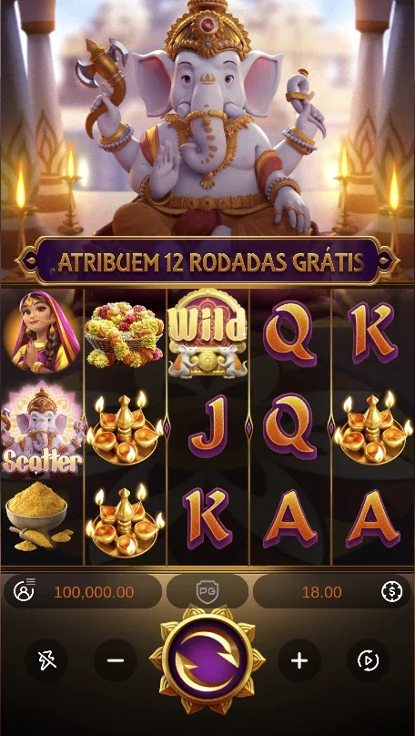 Interface do demo de Ganesha Gold: cinco cilindros, três posições e os controles de aposta.